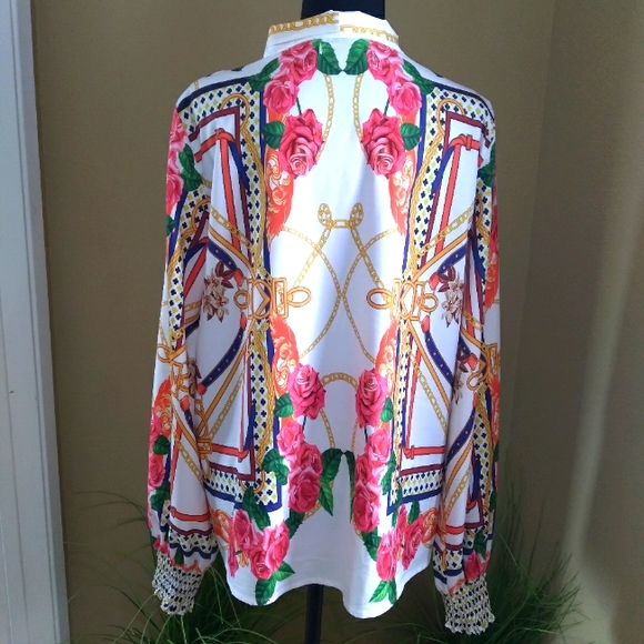 Women's Long Sleeve V-NECK Tie Multi-Color Flower Print Shirt-Size Large - Picture 5 of 10